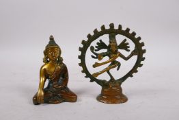 A Tibetan bronze of a deity with many arms, and another of Buddha, 3½" high