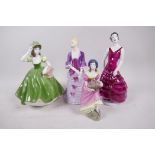 Four Coalport porcelain figurines, 'Summer Breeze' 7½" tall, and three others