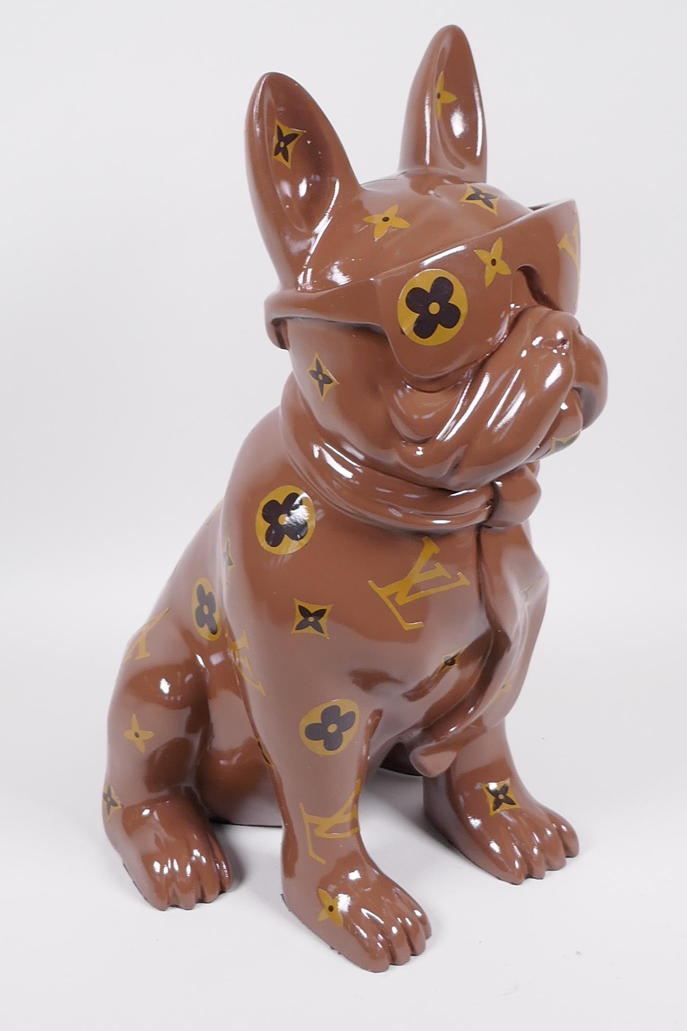 A composition figure of a French Bulldog wearing trendy glasses 14" high