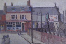 Two unframed oils on board, figures in a street, and view of terraced houses, one signed Methven