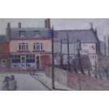 Two unframed oils on board, figures in a street, and view of terraced houses, one signed Methven