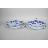 A pair of late C18th/early C19th Meissen 'Onion' Pattern blue and white two handled gravy boats, 10"