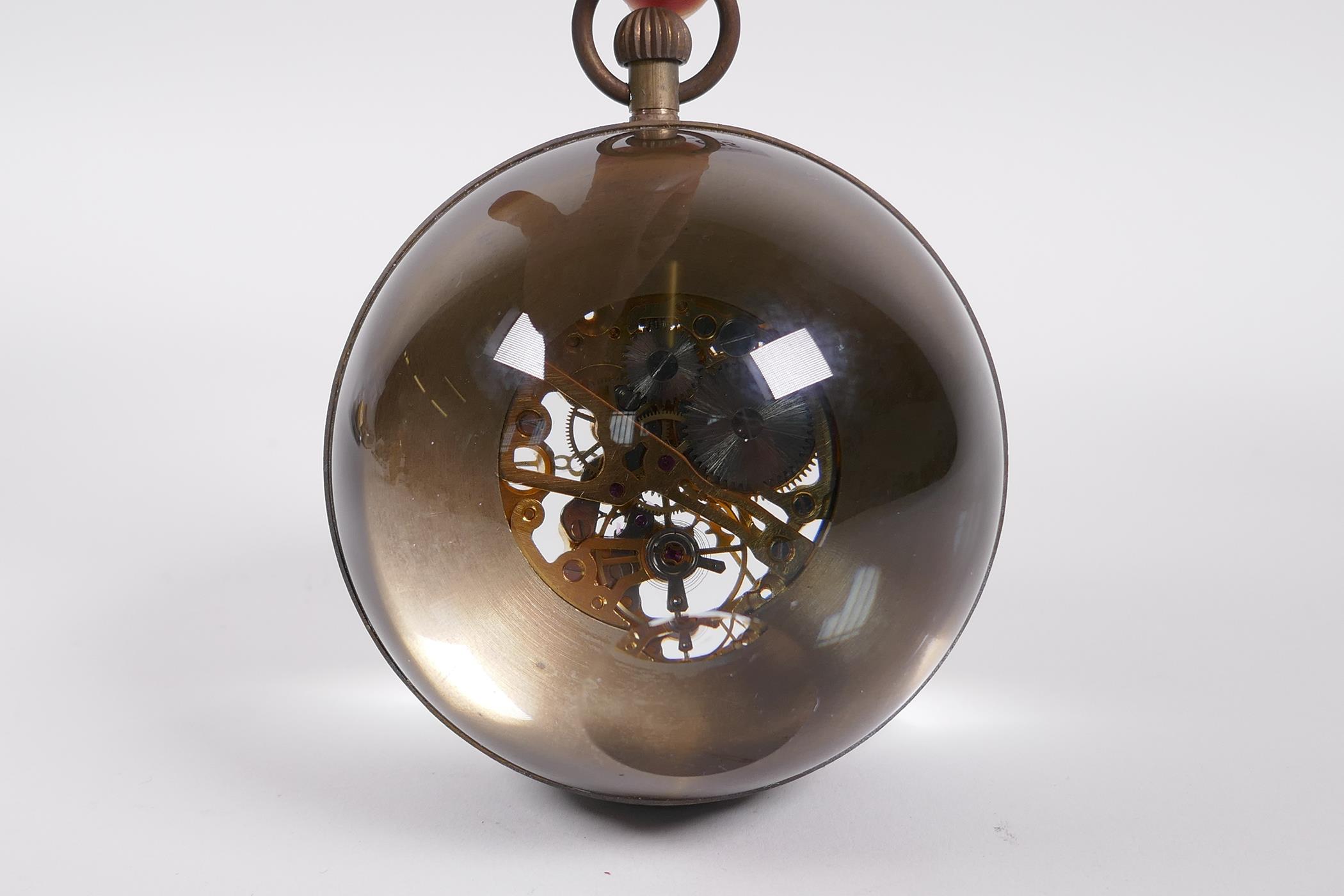 A glass ball desk clock with brass mounts, 3" diameter - Image 3 of 3