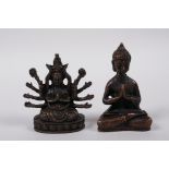 A Sino-Tibetan coppered figure of a many armed deity seated on a lotus throne, and another of