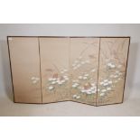 A Chinese four fold silk table screen with watercolour decoration of quails nesting amongst flowers,