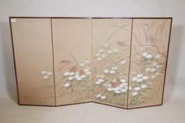 A Chinese four fold silk table screen with watercolour decoration of quails nesting amongst flowers,