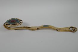 A Chinese gilt metal ruyi set with turquoise, lapis and agate, 12" long