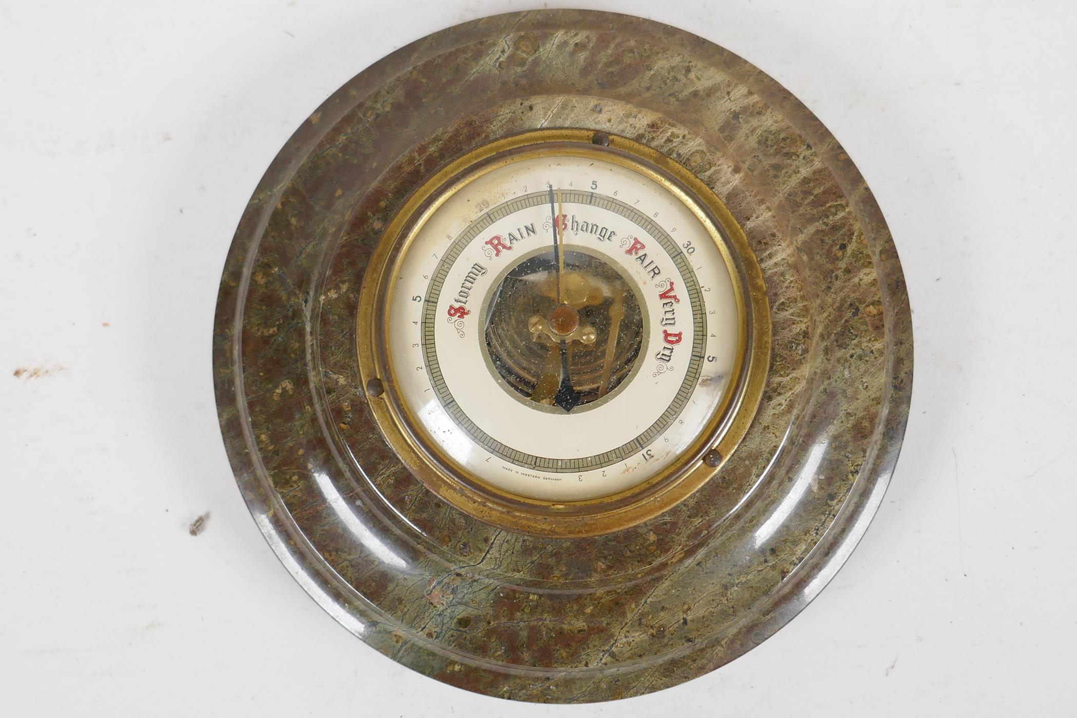 A set of Boots iron kitchen scales with brass pan and four brass bell weights, and a barometer - Image 4 of 6