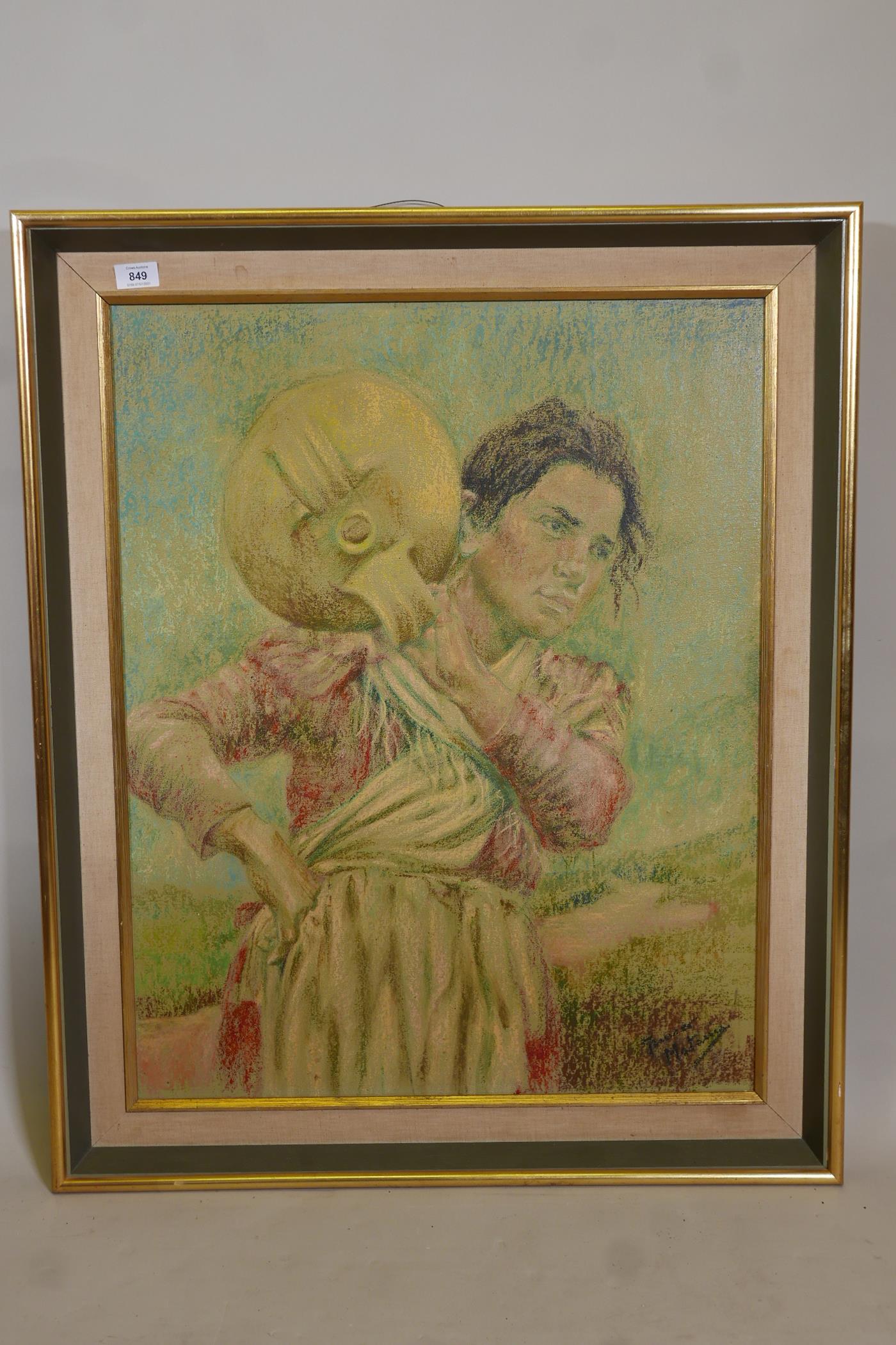 Study of a female carrying an amphora, oil on canvas board, signed indistinctly, 29" x 24" - Image 2 of 4