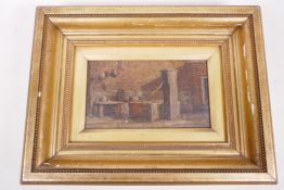 An oil on board of a barn interior with water pump, 8" x 4½", in a good gilt frame