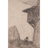 Marius Bauer, street scene, No 38, initialled in pencil, 11" x 7"