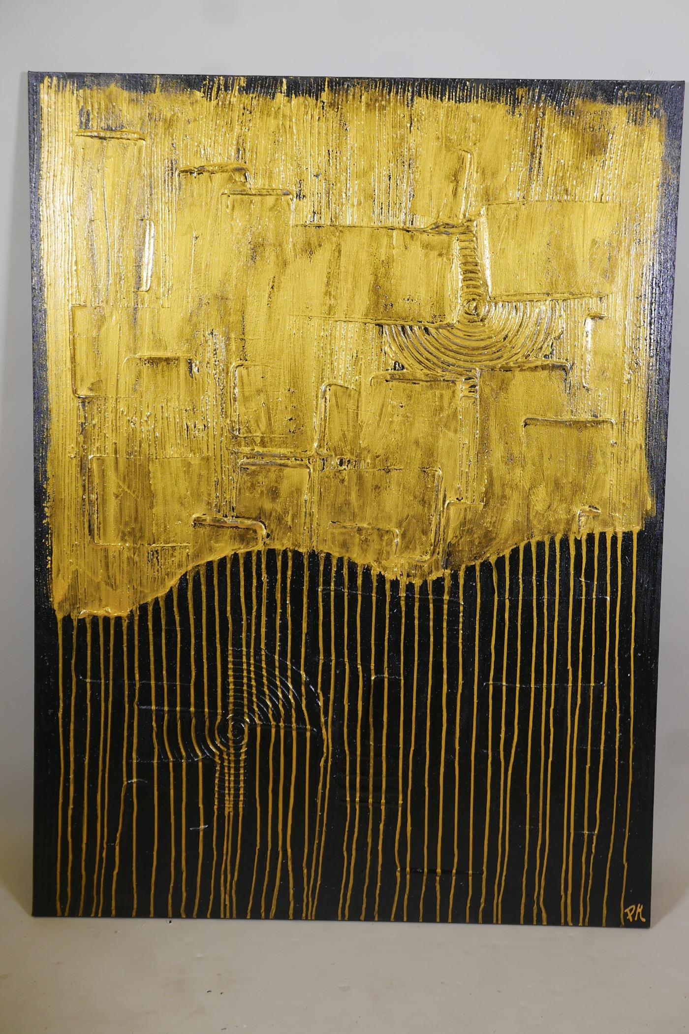 Piero Montanelli, (Slovenian), abstract with a gilt finish, impasto oil on canvas, initialled, - Image 2 of 4