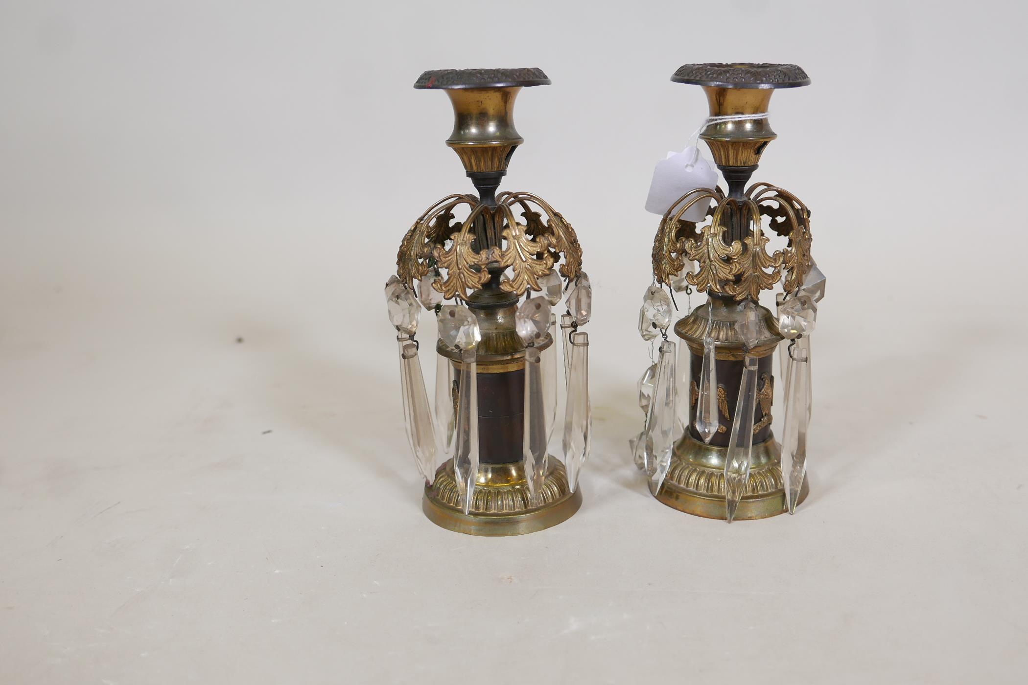 A pair of C19th bronze and ormolu mounted candlesticks with glass lustre drops and applied - Image 3 of 4