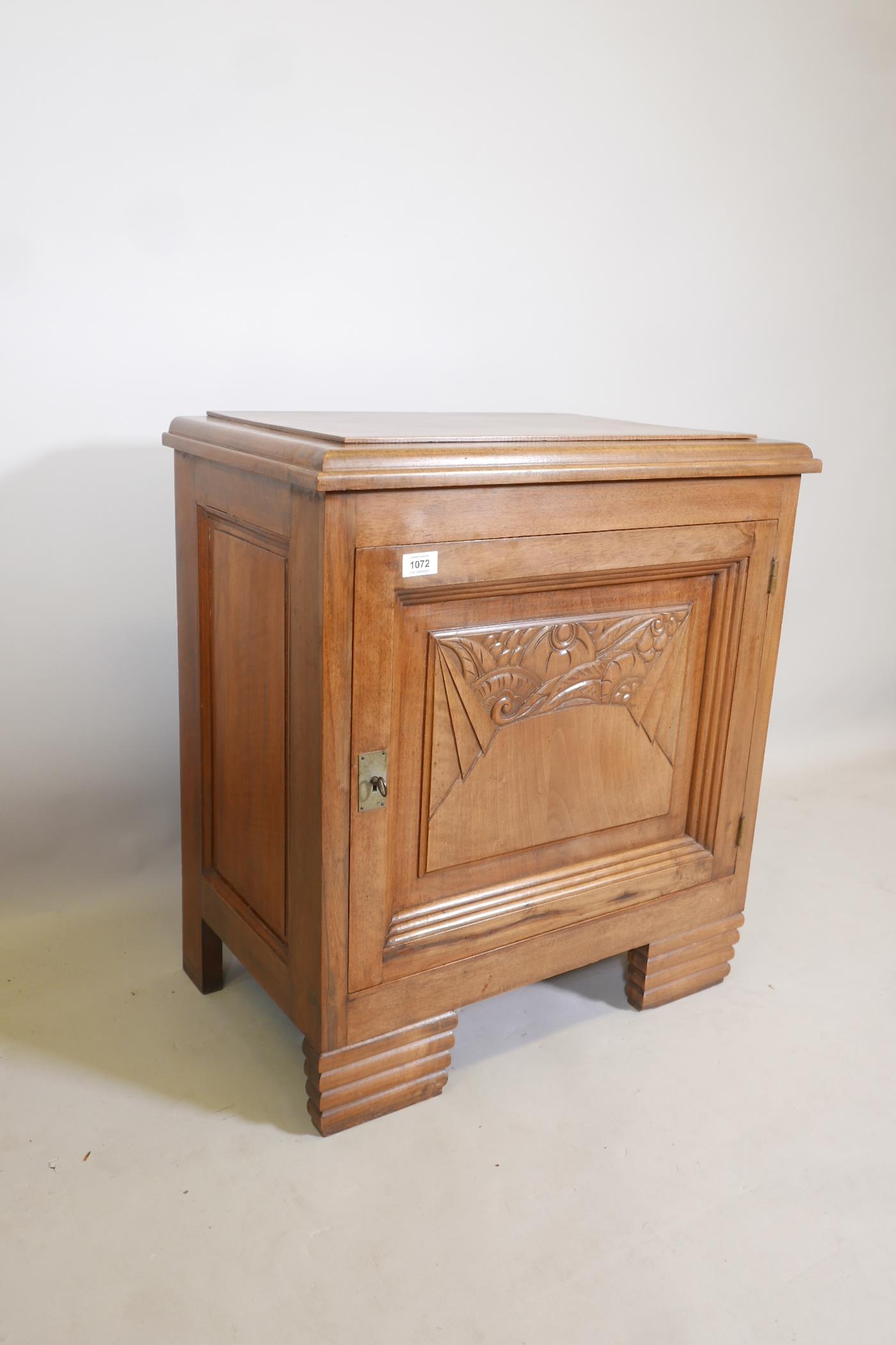 A walnut Art Deco side cabinet with a carved panel door and ribbed feet, 25½" x 16", 28" high - Image 2 of 3