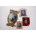 Four miniature colour prints in different frames, largest 6½" x 4½"