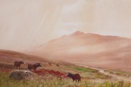 W.H. Dyer, moorland scene, inscribed on gallery label verso 'Dartmoor ponies', signed watercolour,