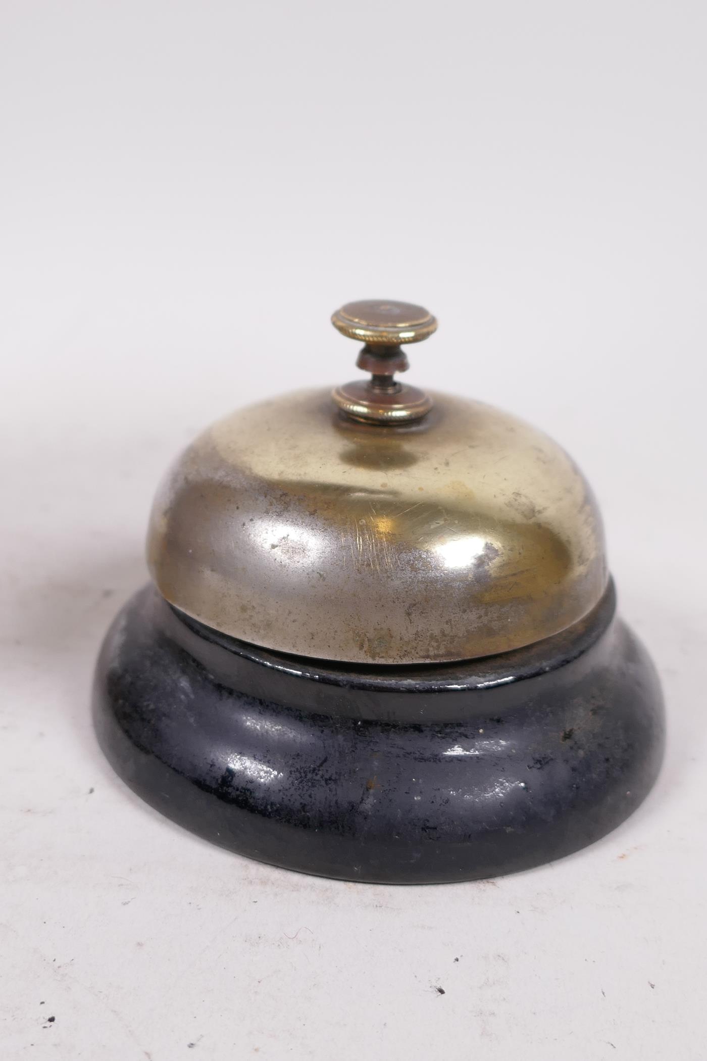 An antique French wooden mortar and pestle, mortar 4" high, and a reception desk bell - Image 3 of 3