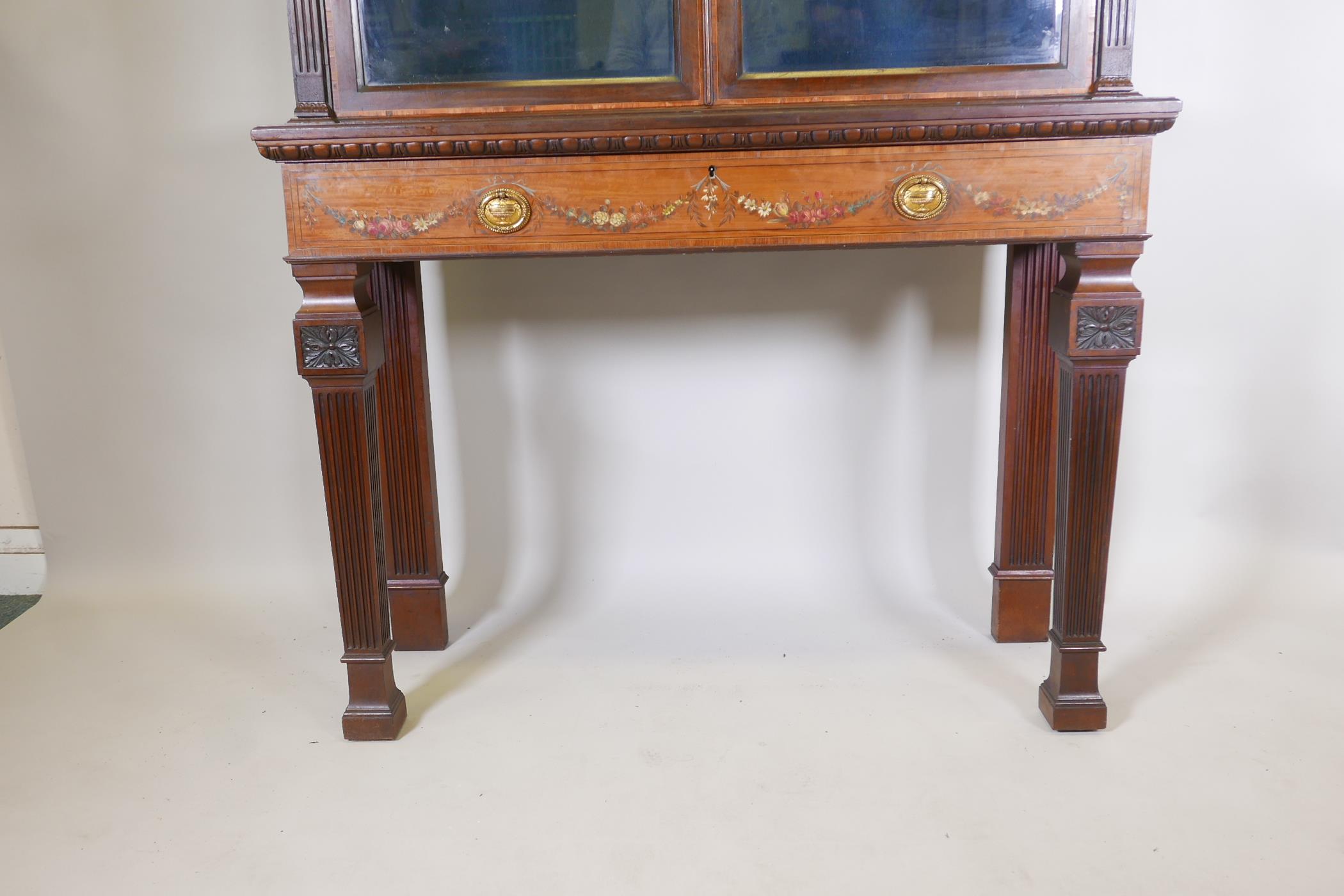 A C19th mahogany two section mahogany display cabinet, with satinwood banded inlay and painted - Image 2 of 8