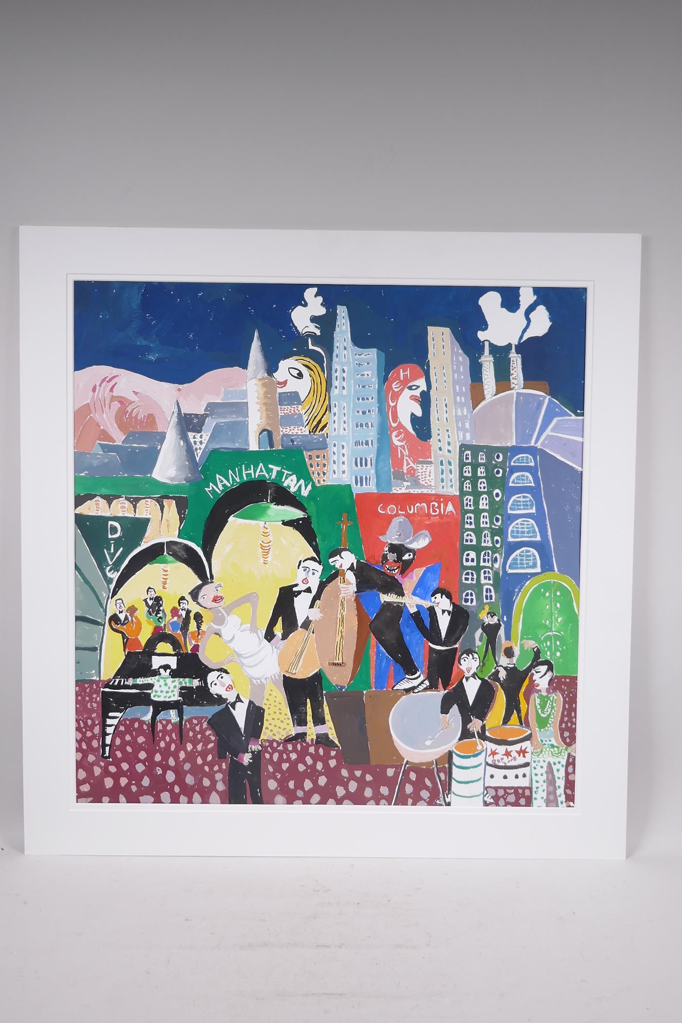 Possibly Christopher Corr, Jazzing it in New York, unsigned, gouache, unframed, 22" x 22½" - Image 2 of 6