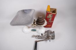 A set of cast iron kitchen scales with iron weights, together with a Spong mincer with original box