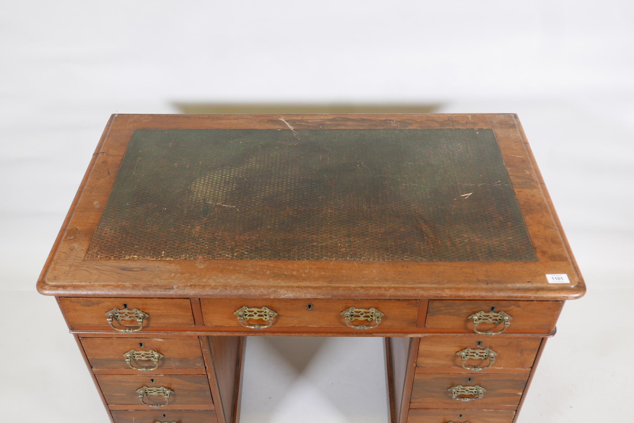 A Victorian walnut pedestal desk with an inset faux leather top and nine drawers, 40" x 23", 27" - Image 2 of 6