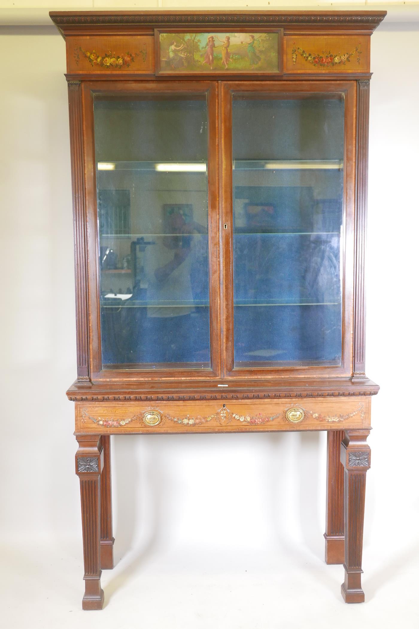 A C19th mahogany two section mahogany display cabinet, with satinwood banded inlay and painted
