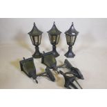 Three painted metal gate post lanterns, 22" high, and a pair of wall lanterns, and another similar