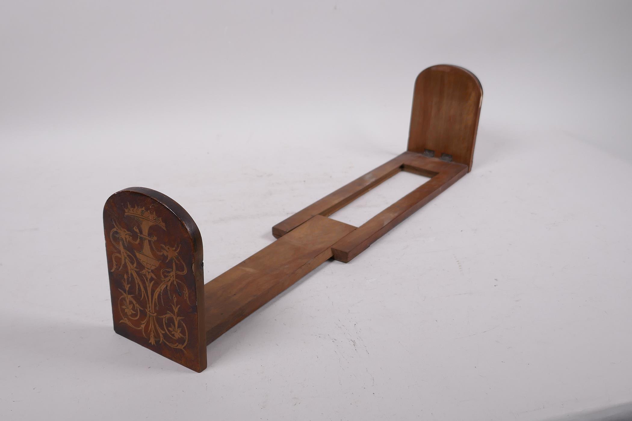 A mid C19th inlaid walnut bookslide, losses to veneer, 17½" long extended - Image 3 of 6