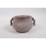 A Song style pottery two handled censer with a cracked ice glaze, 5½" diameter