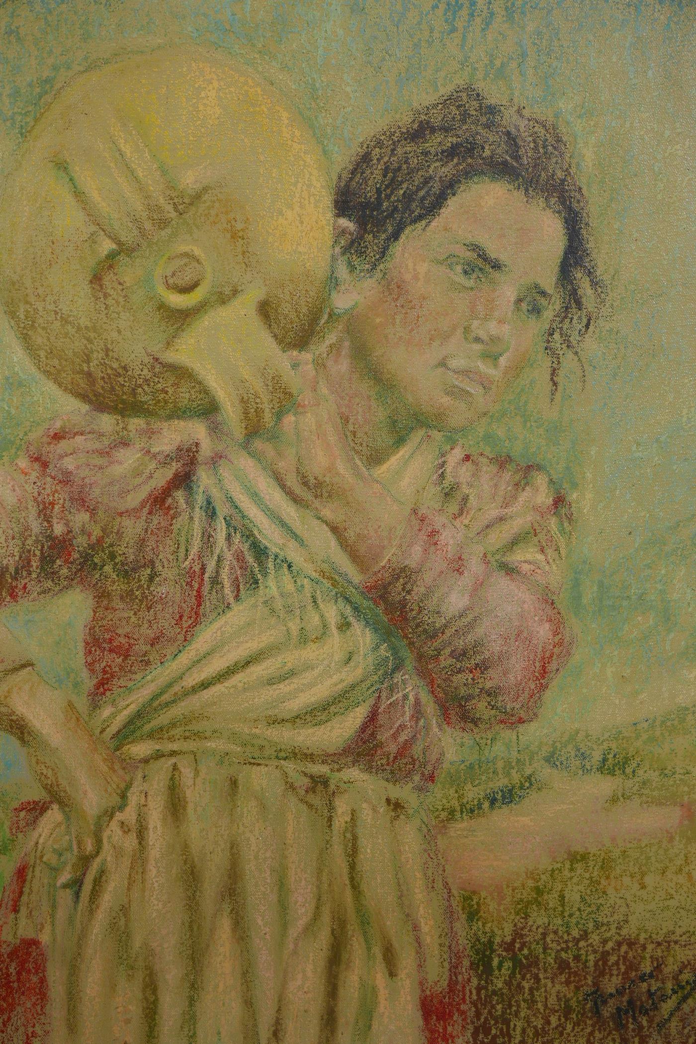 Study of a female carrying an amphora, oil on canvas board, signed indistinctly, 29" x 24"