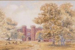 A watercolour drawing of a deer park before a Tudor gateway, 10" x 7"