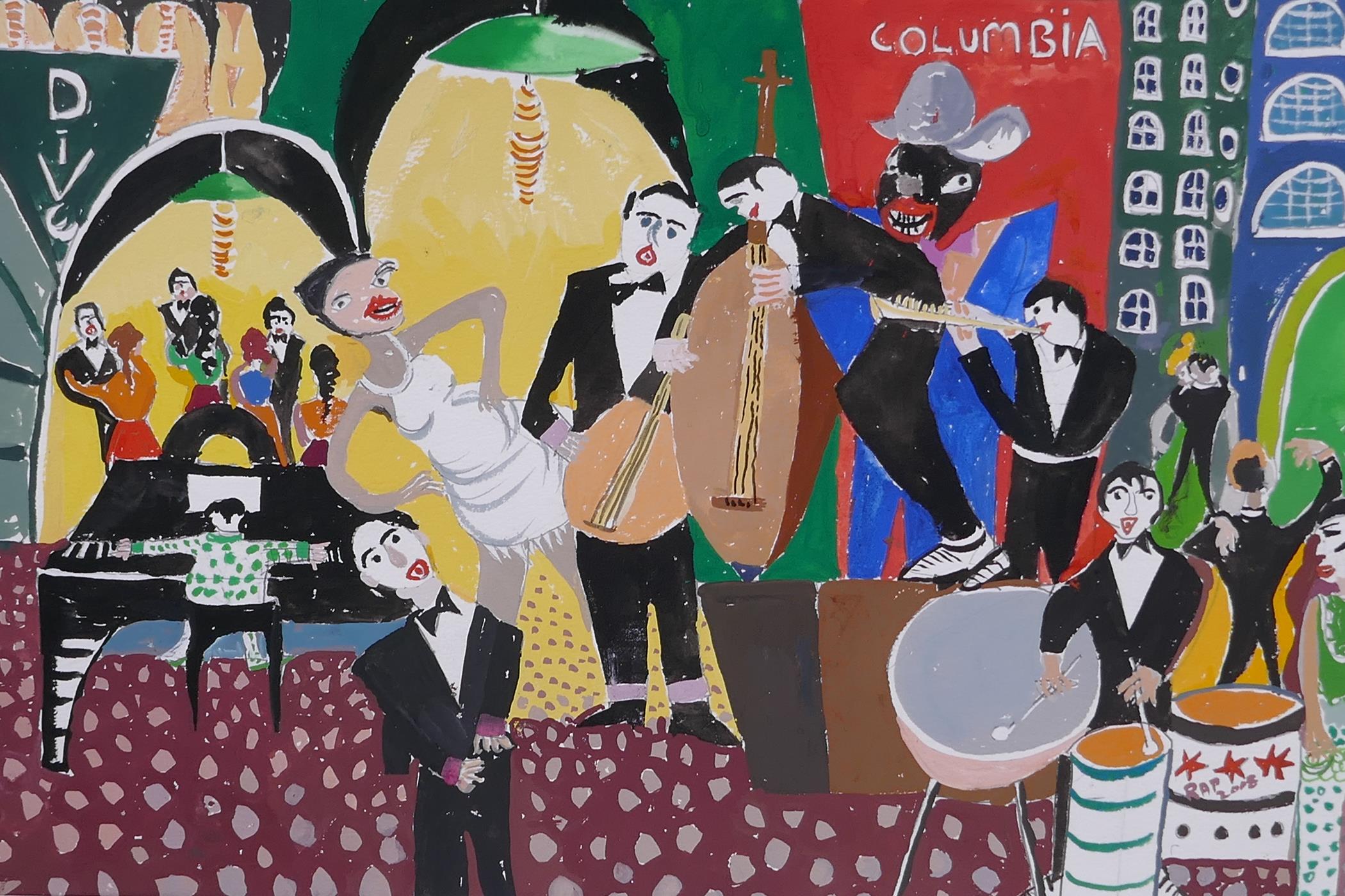 Possibly Christopher Corr, Jazzing it in New York, unsigned, gouache, unframed, 22" x 22½"