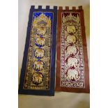 Two Burmese sequinned stumpwork wall hangings, largest 64" x 21"