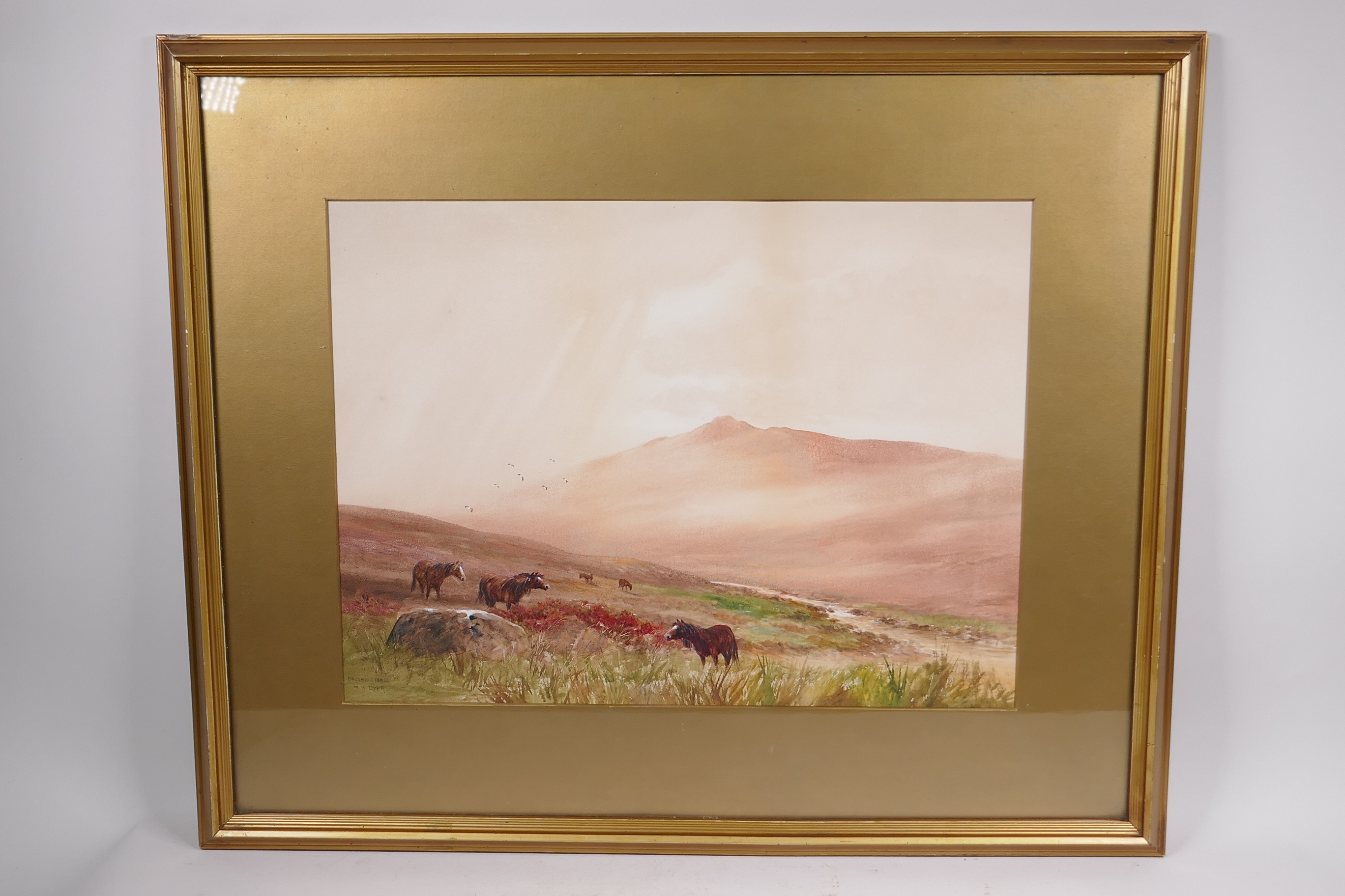 W.H. Dyer, moorland scene, inscribed on gallery label verso 'Dartmoor ponies', signed watercolour, - Image 2 of 5