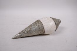 A Tibetan white mounted conch shell, 8" long