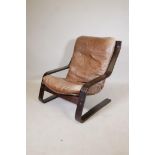 A Bentwood and brown leather cantilever chair, Noboru Nakamura, circa 1970