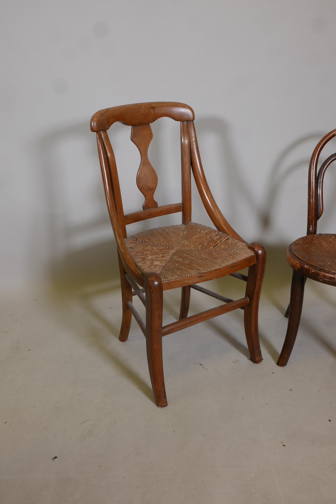 A child's bentwood chair together with a child's fruitwood splat back chair with rush seat, 28" high - Image 2 of 3