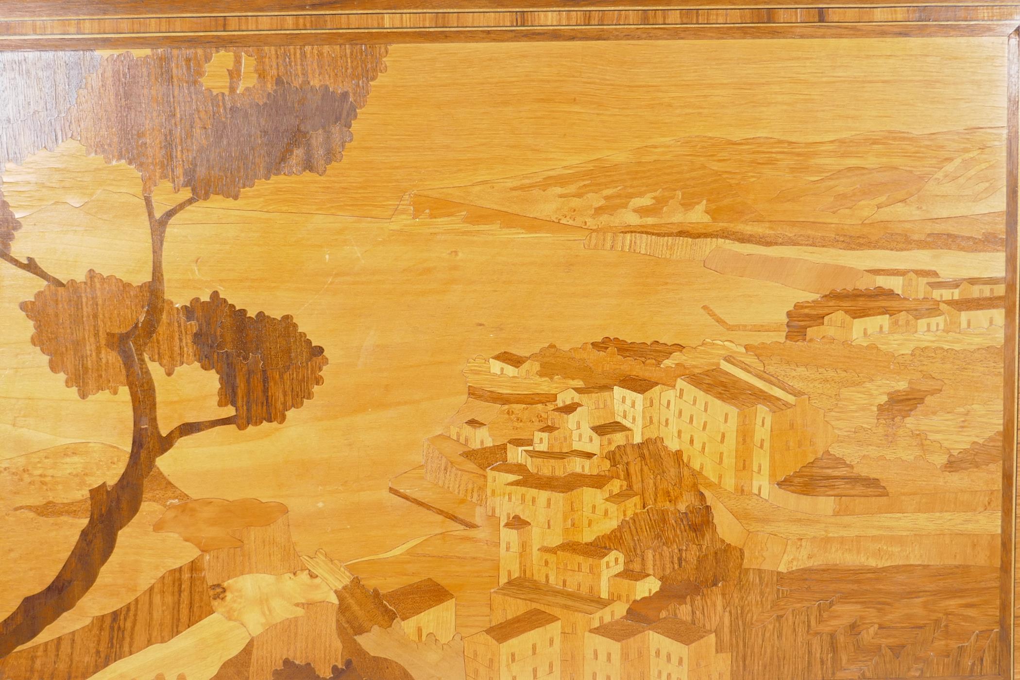 A Sorrento wood panel with inlaid decoration of an Italian cliffside village, 23½" x 16" - Image 2 of 2