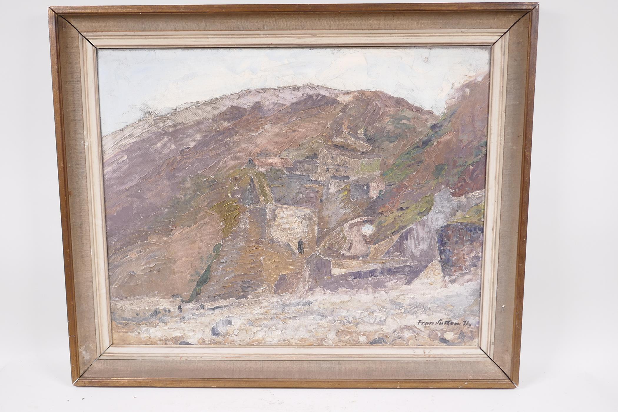 Fran Sutton, a cliff side ruin, signed, oil on board, 20" x 15½" - Image 4 of 5