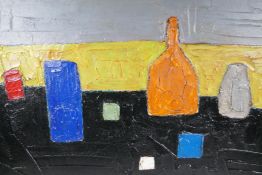 After Nicolas de Stael, abstract still life of vases, impasto oil on canvas, unframed, 36" x 24"