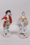 A pair of Dresden porcelain figures, a male rabbit seller and a goose girl, 7½" high