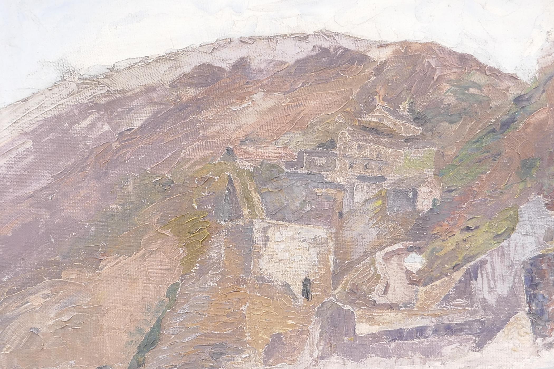 Fran Sutton, a cliff side ruin, signed, oil on board, 20" x 15½" - Image 3 of 5