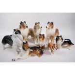 Eight porcelain figurines of Rough Collie Dogs, largest 8" high