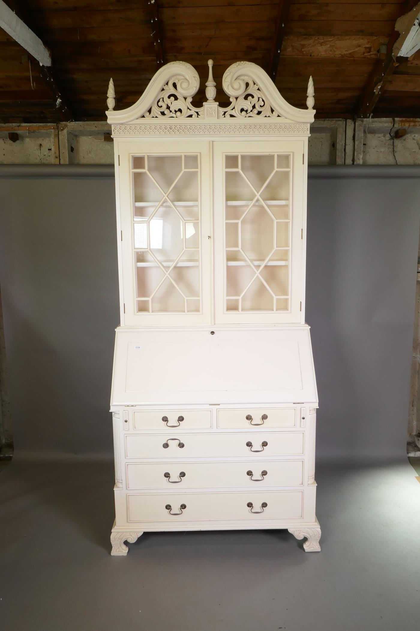 A painted fall front bureau bookcase in two sections, the upper with carved and pierced swan neck - Image 2 of 5