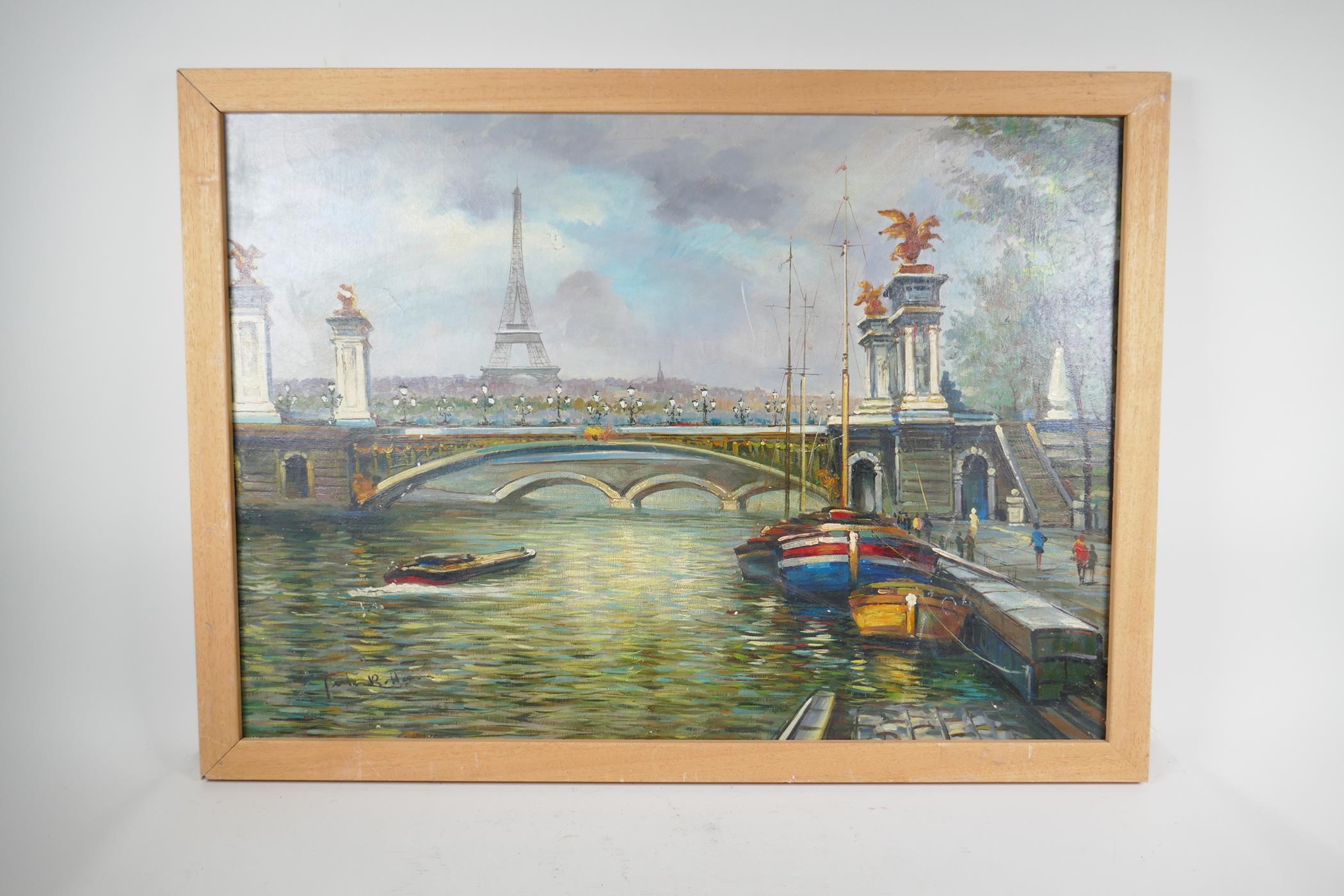 After Jules R. Herve, Impressionist view down the Seine with the Eiffel Tower in the distance, 28" x - Image 2 of 4