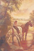 Boy with horses by a stream, C19th oil on canvas, 22½" x 14½"