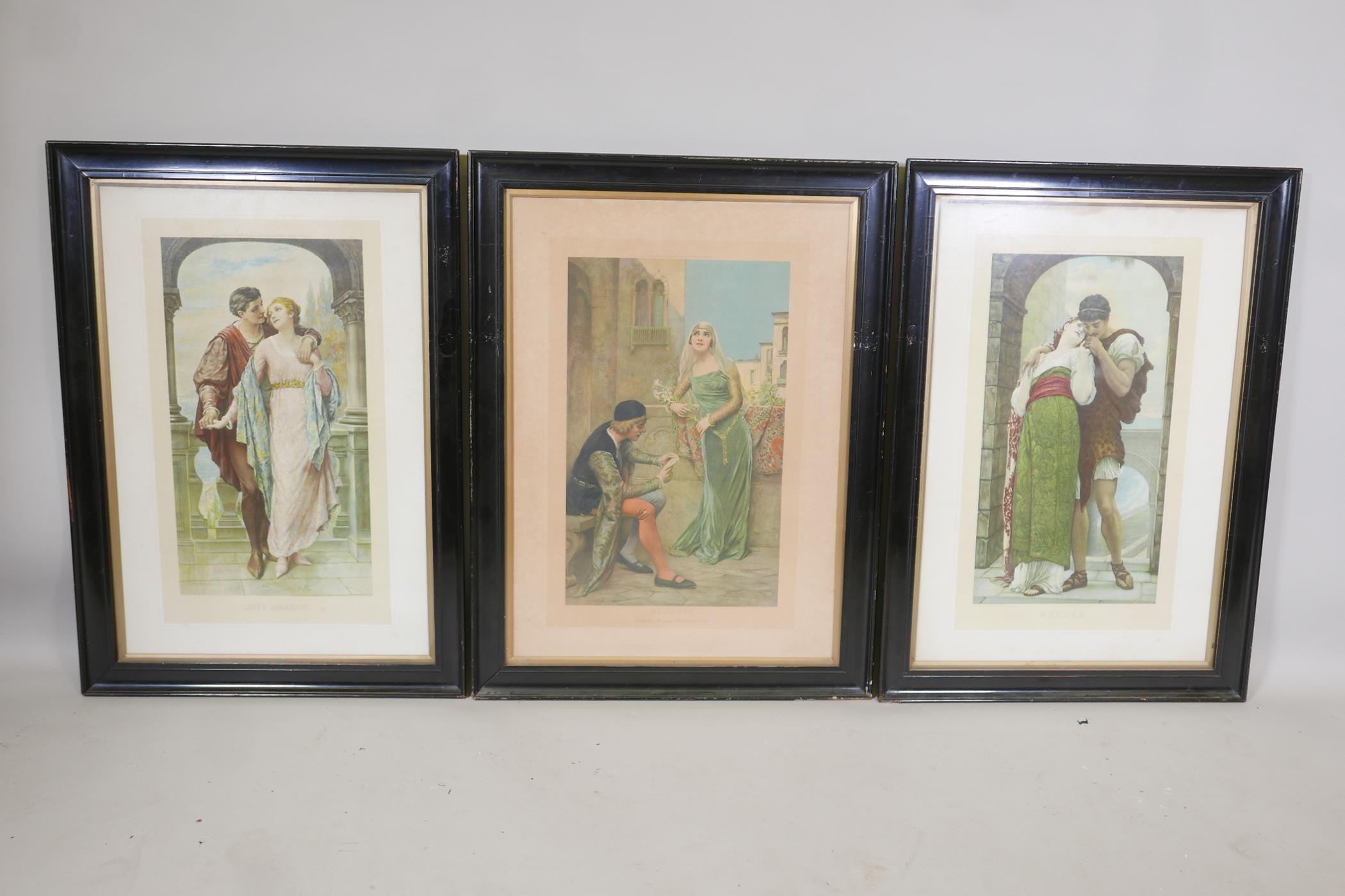 Three Victorian colour prints of courting couples including 'Love's Awakening' after Sydney