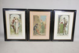 Three Victorian colour prints of courting couples including 'Love's Awakening' after Sydney