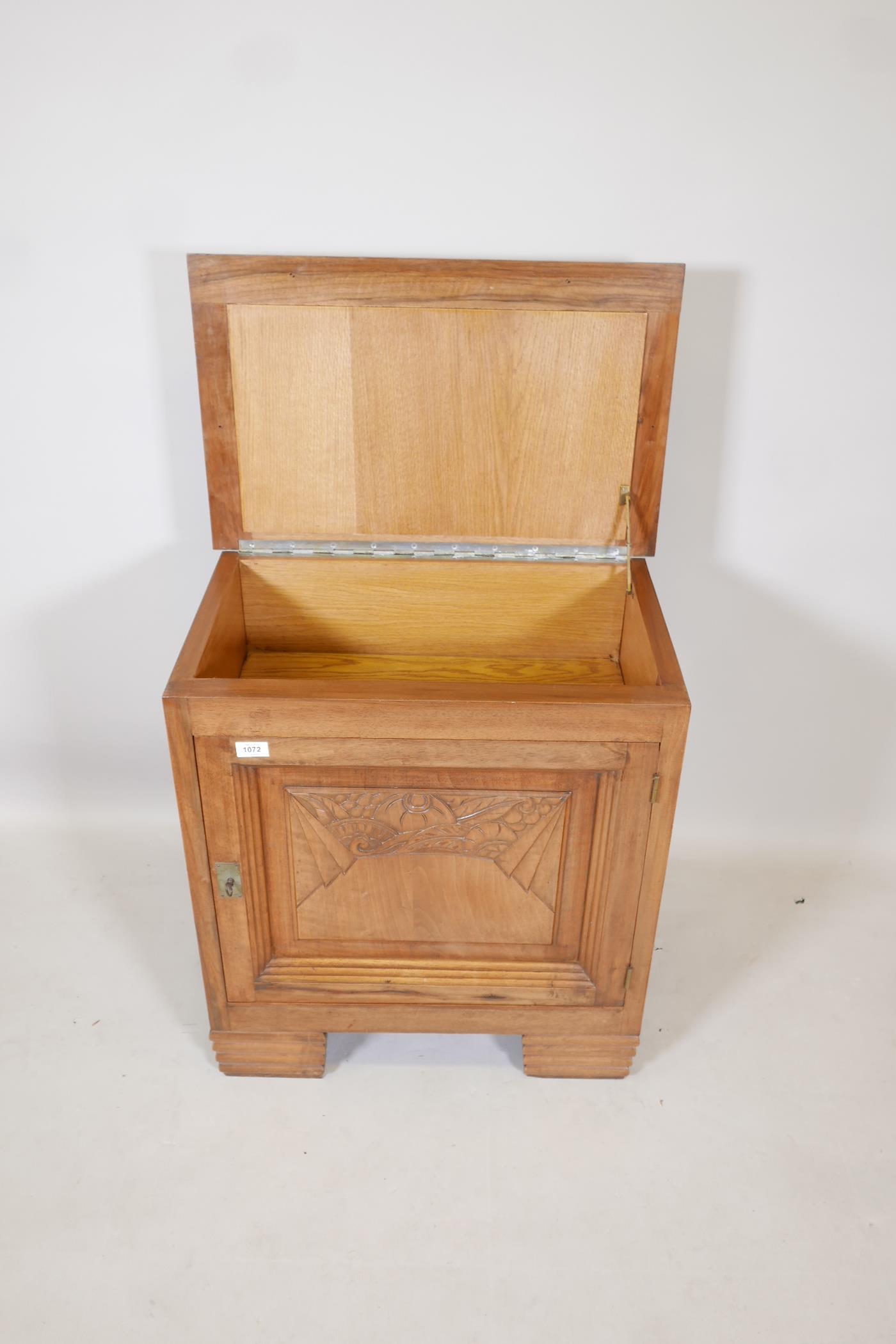 A walnut Art Deco side cabinet with a carved panel door and ribbed feet, 25½" x 16", 28" high - Image 3 of 3