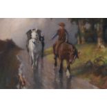 George Mortram Moorhouse, boy with horses and caravan on a country road, signed pastel drawing, 12½"